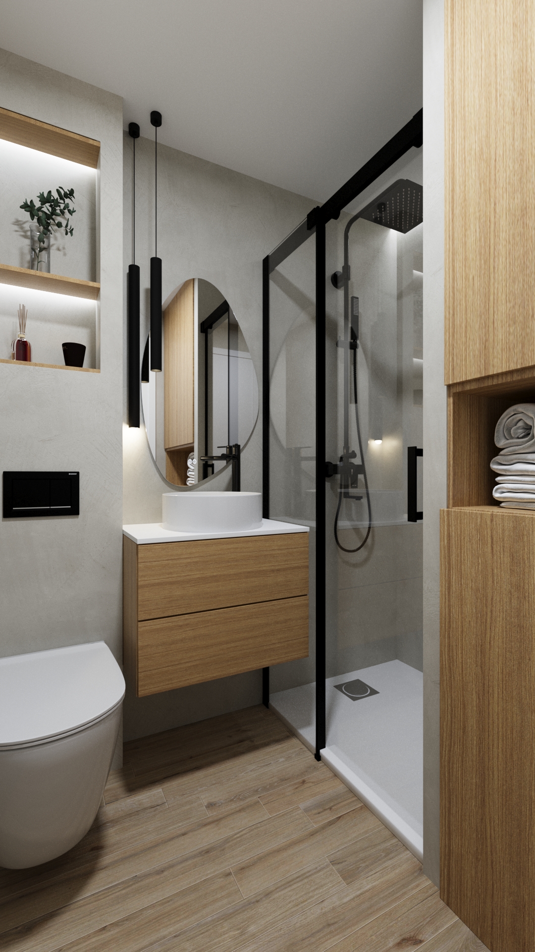 Render 3D baño moderno con microcemento y madera — Proyecto Baño Lola