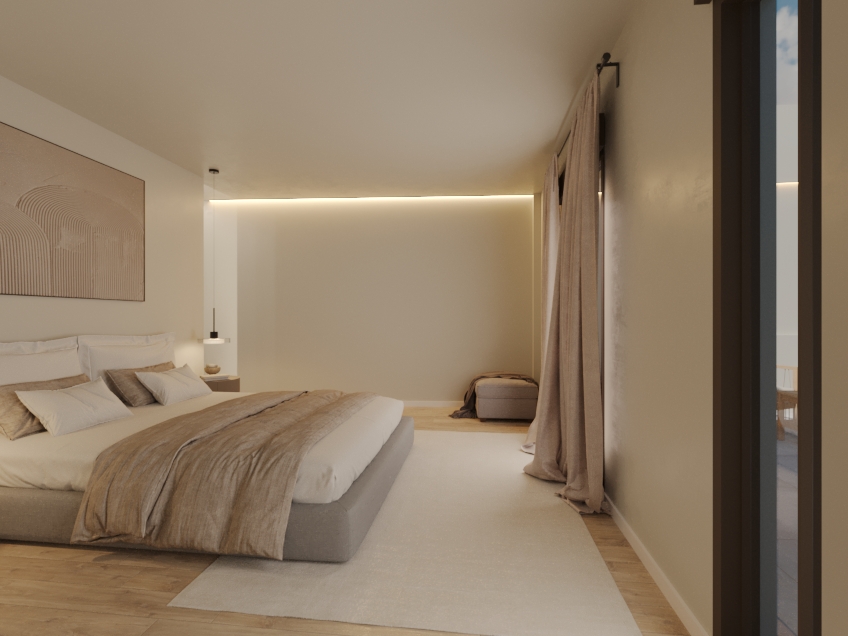 Render 3D dormitorio con luz natural — Proyecto Aspe
