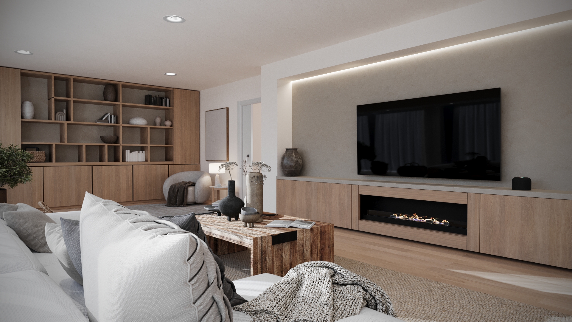 Render 3D salón con librería de madera a pared completa — Proyecto Belén y Manuel