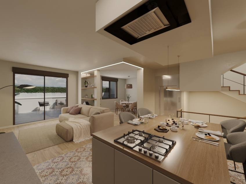 Render 3D cocina con isla central — Proyecto Aspe