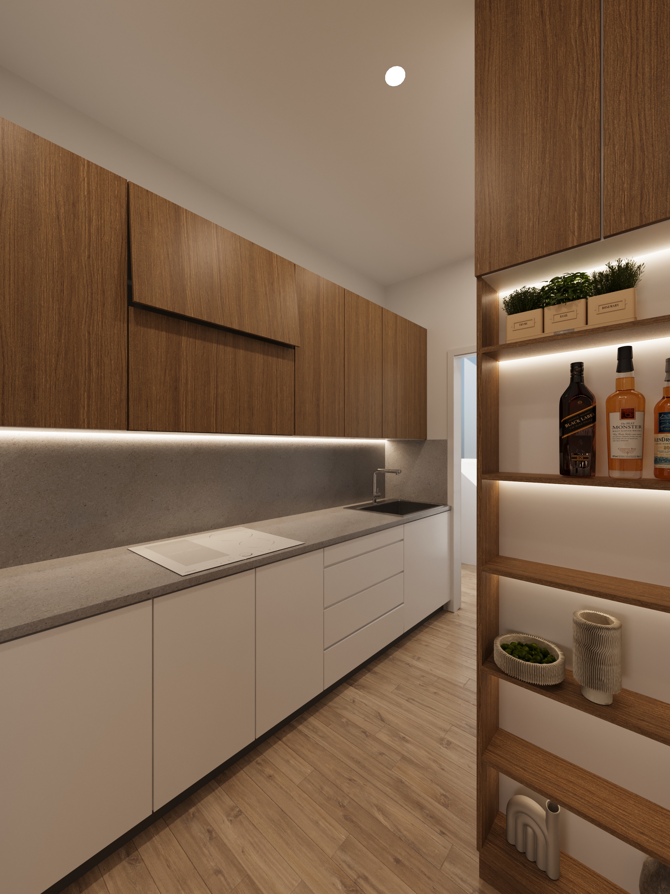 Render 3D cocina con encimera de piedra y muebles de madera — Proyecto ADS San Vicente