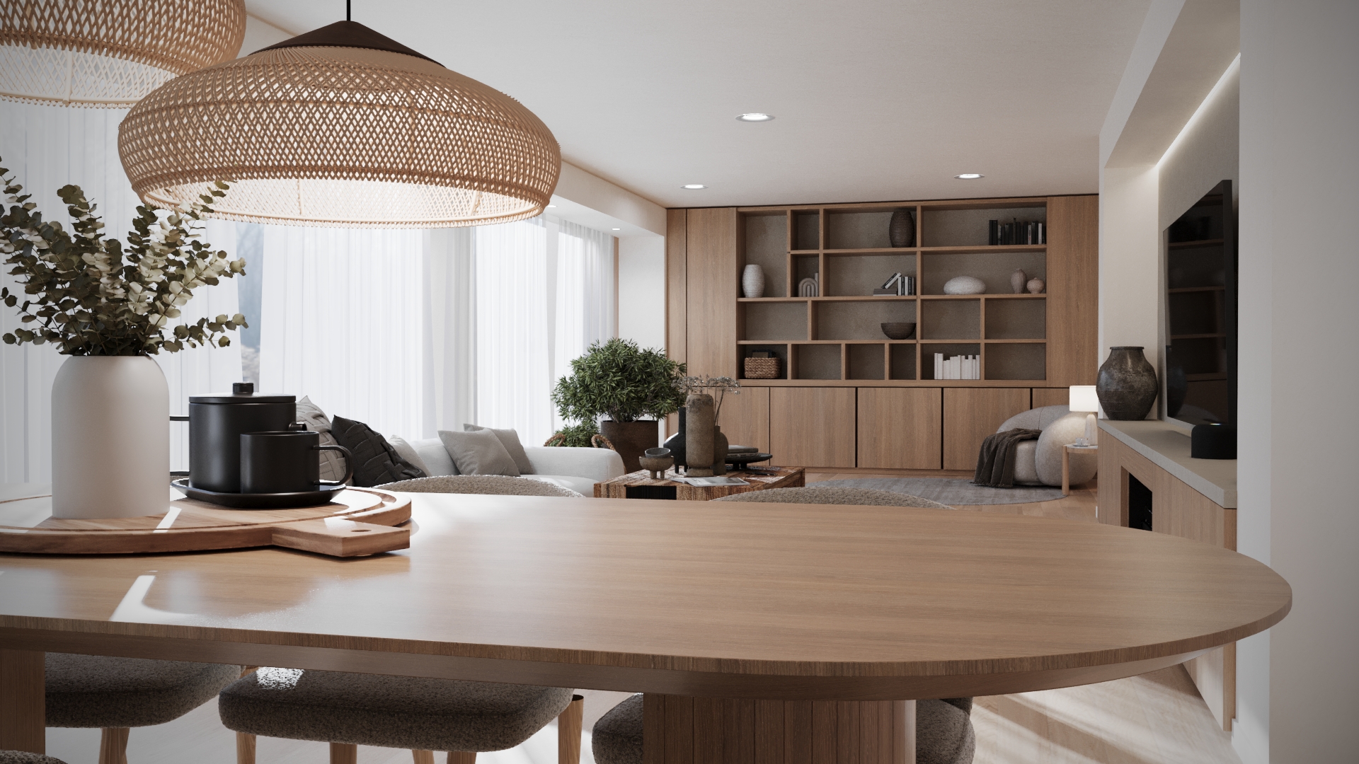 Render 3D comedor con mesa oval y librería — Proyecto Belén y Manuel
