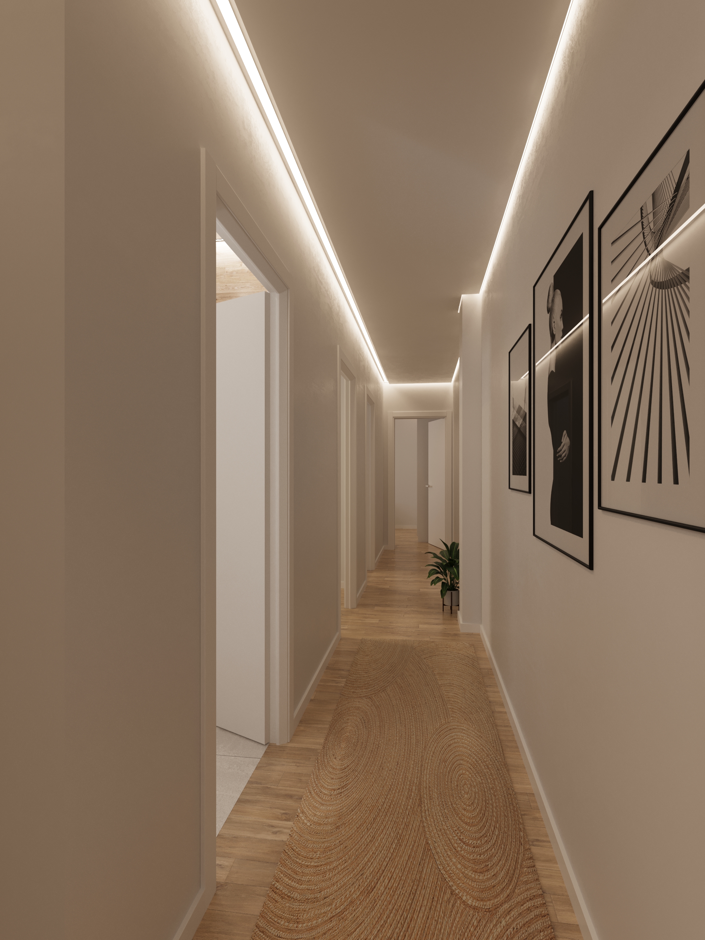 Render 3D pasillo con iluminación LED indirecta — Proyecto ADS San Vicente