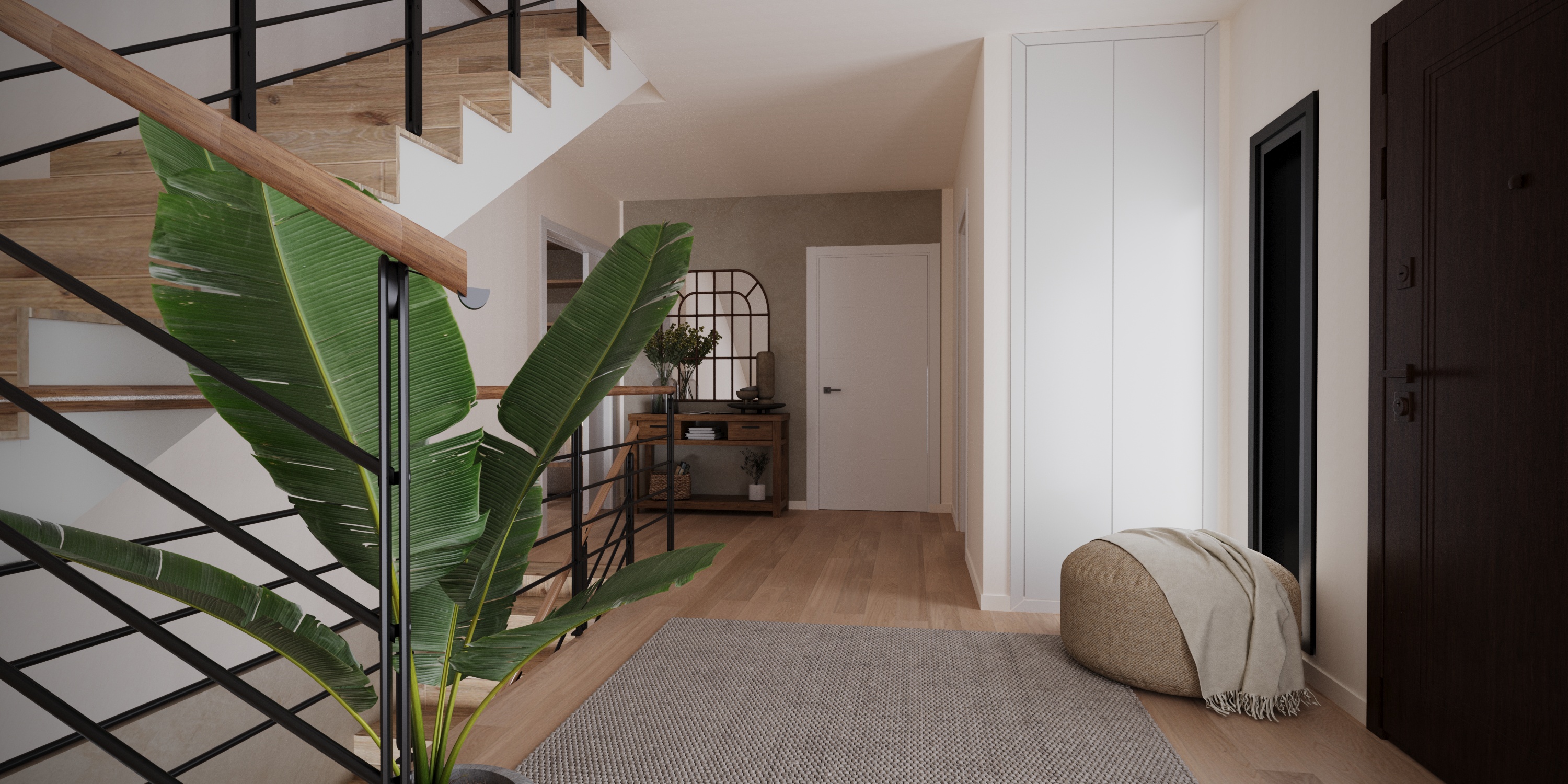 Render 3D entrada con escalera de madera y metal — Proyecto Belén y Manuel