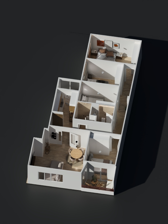 Render 3D planta isométrica de vivienda — Proyecto ADS San Vicente