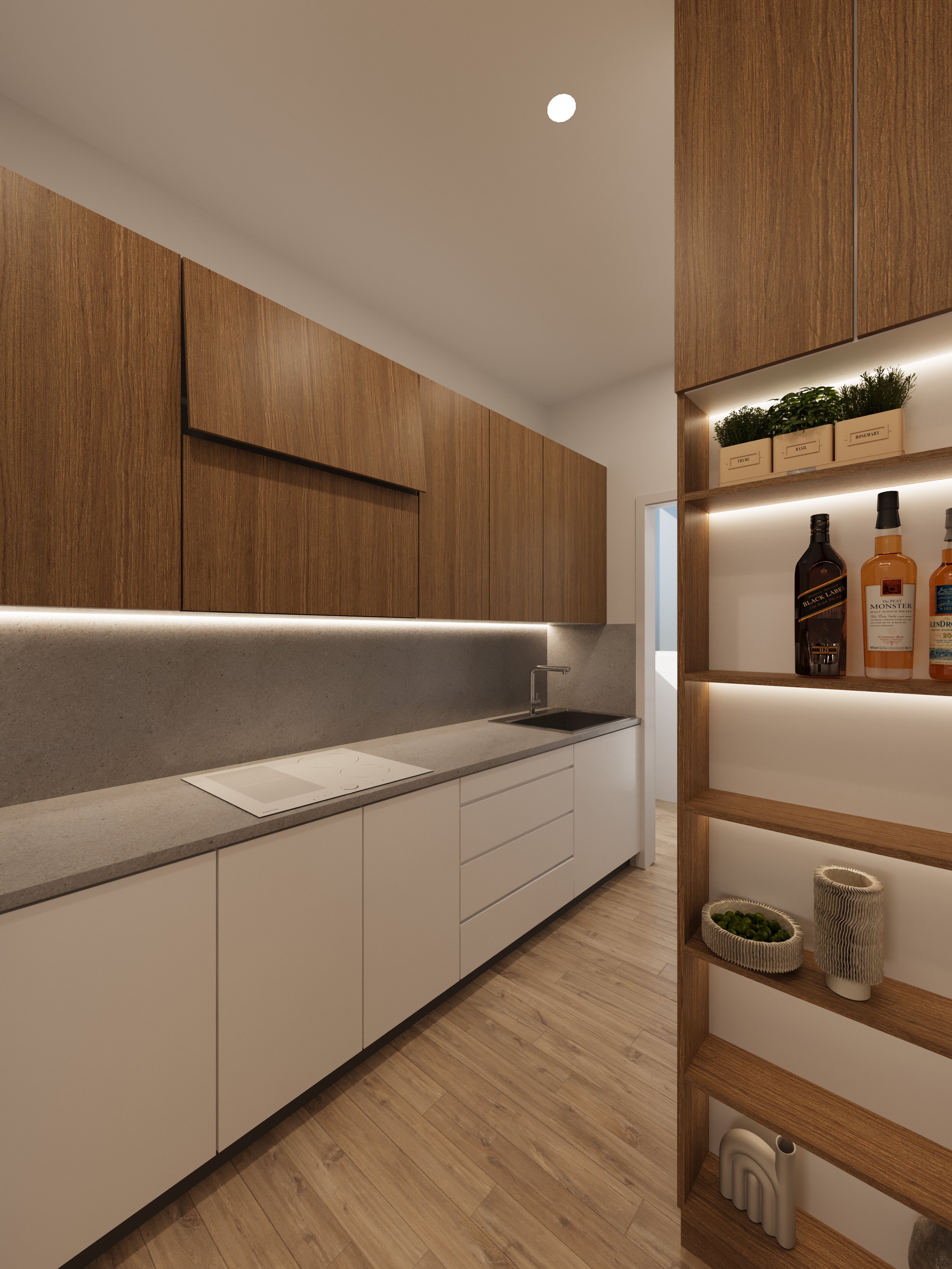 Render 3D cocina lineal blanca y madera — Proyecto ADS San Vicente