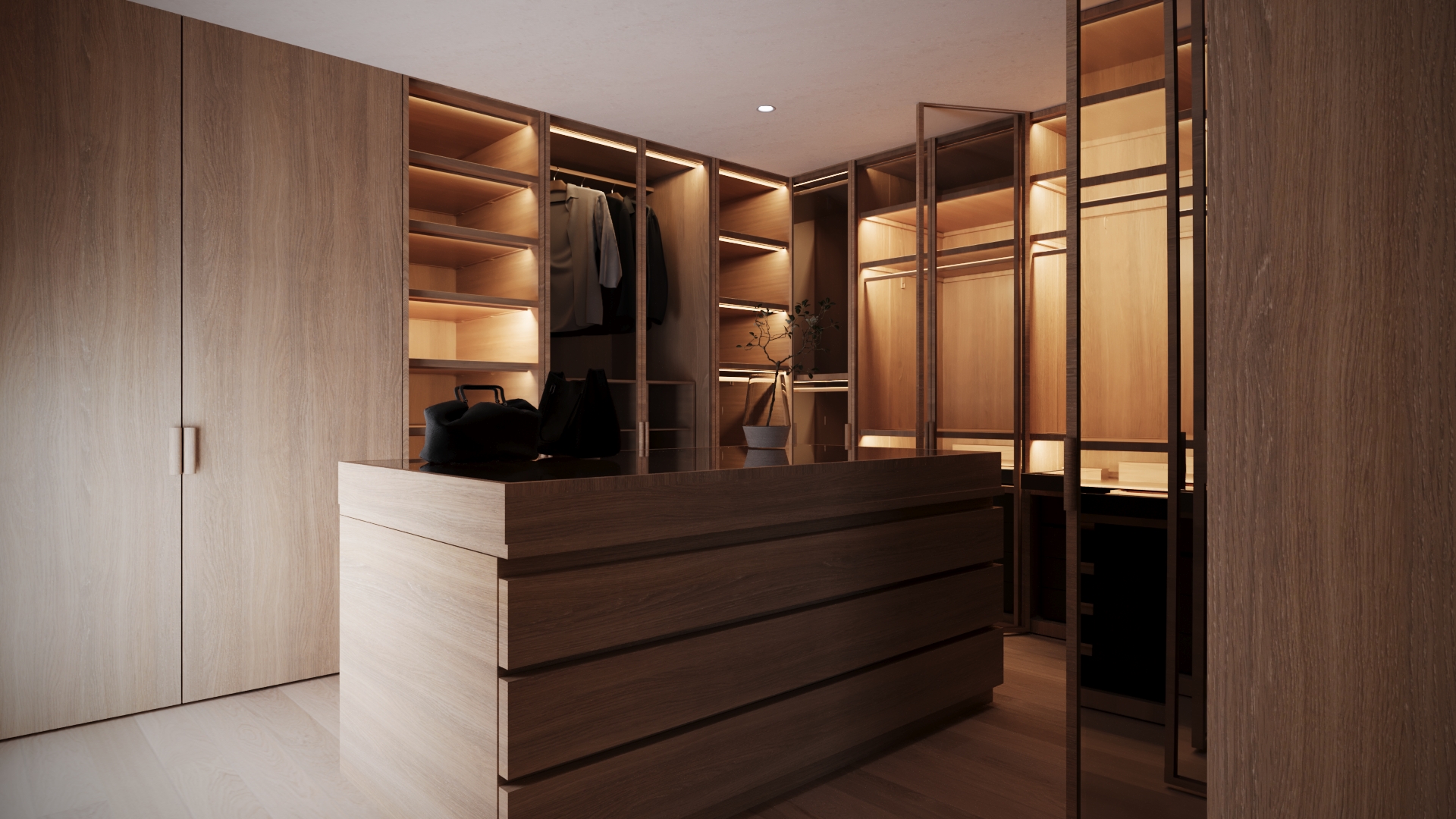 Render 3D vestidor premium con isla y luz cálida — Proyecto Belén y Manuel